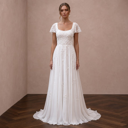 Classic Chiffon Wedding Dress with Short Sleeves and A-Line Silhouette