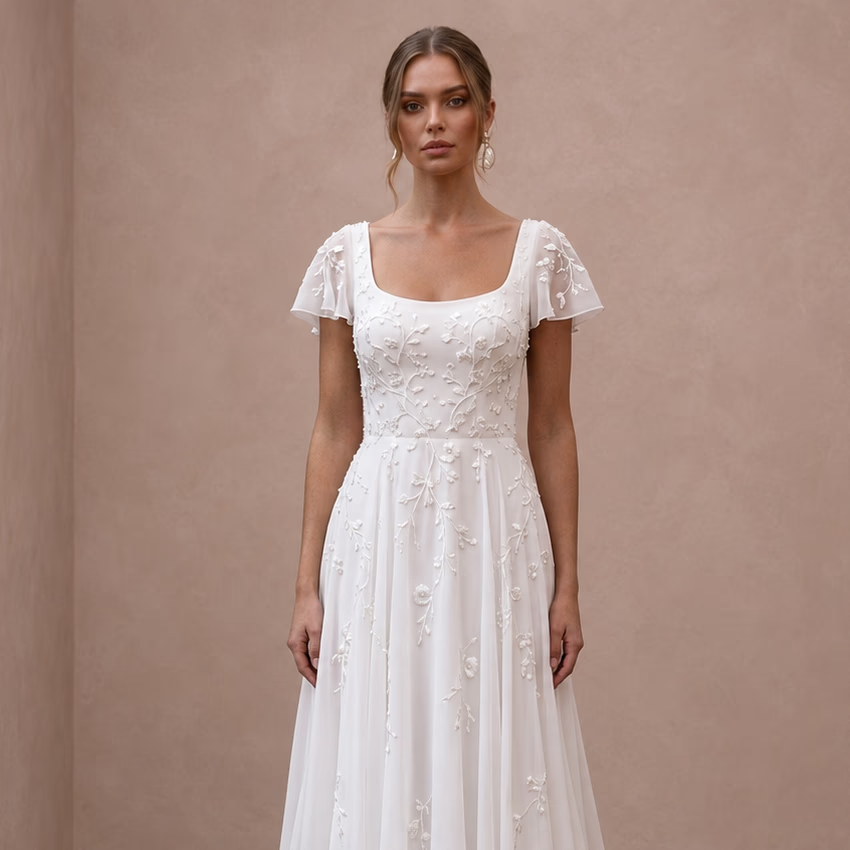 Classic Chiffon Wedding Dress with Short Sleeves and A-Line Silhouette