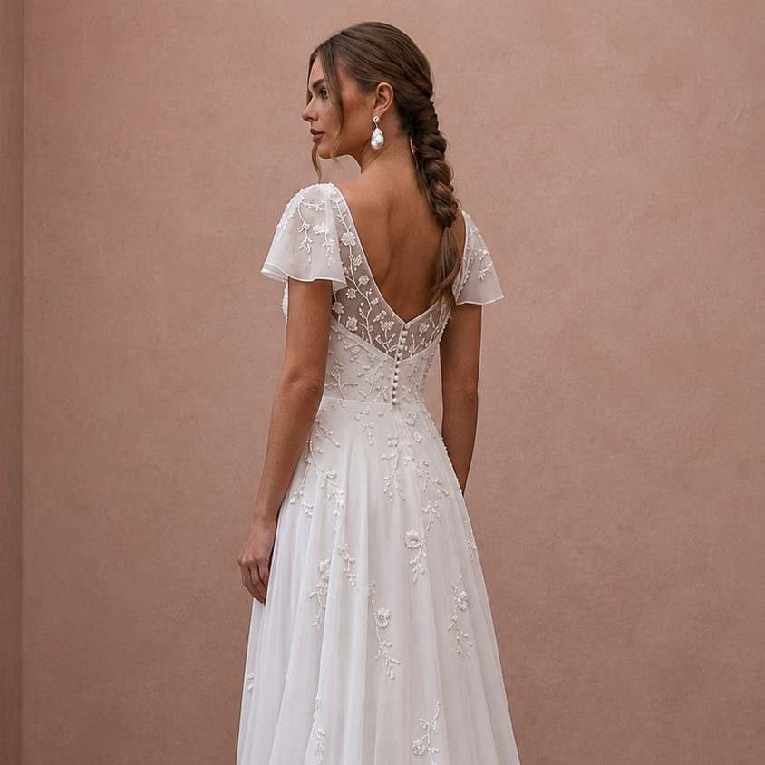 Classic Chiffon Wedding Dress with Short Sleeves and A-Line Silhouette