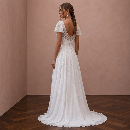 Classic Chiffon Wedding Dress with Short Sleeves and A-Line Silhouette