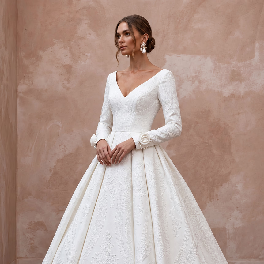 Classic Diamond White Mikado Long Sleeve Ball Gown Wedding Dress for Church