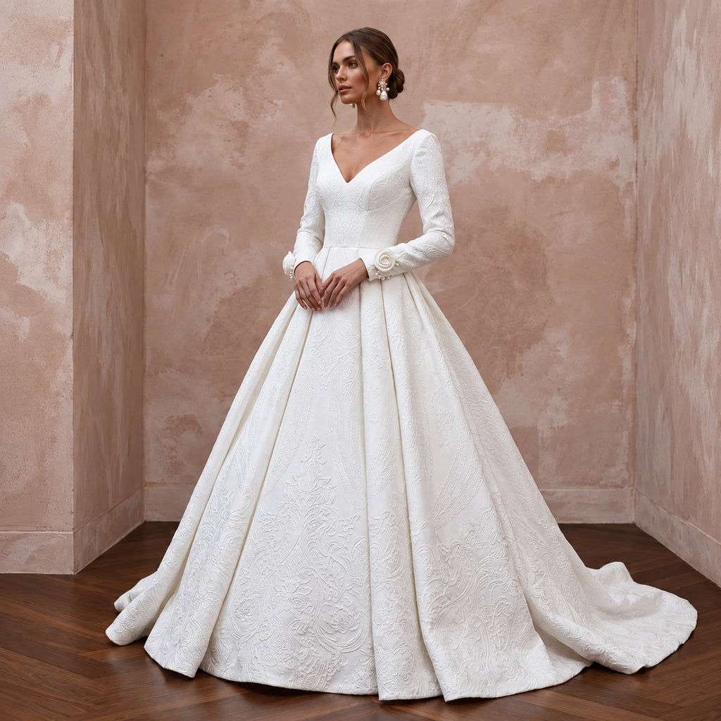 Classic Diamond White Mikado Long Sleeve Ball Gown Wedding Dress for Church