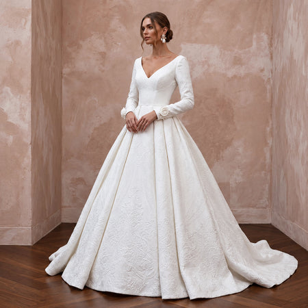 Classic Diamond White Mikado Long Sleeve Ball Gown Wedding Dress for Church