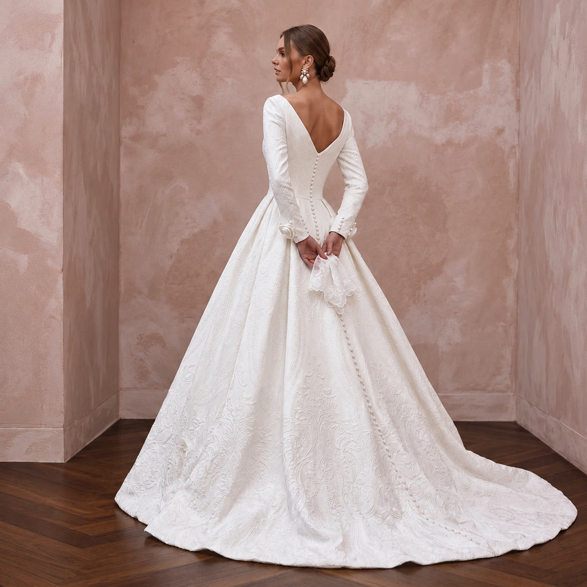 Classic Diamond White Mikado Long Sleeve Ball Gown Wedding Dress for Church