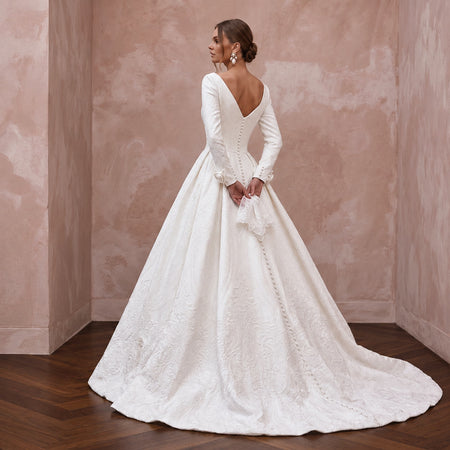 Classic Diamond White Mikado Long Sleeve Ball Gown Wedding Dress for Church