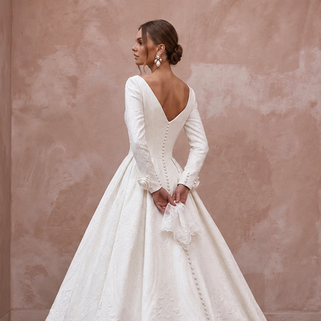 Classic Diamond White Mikado Long Sleeve Ball Gown Wedding Dress for Church