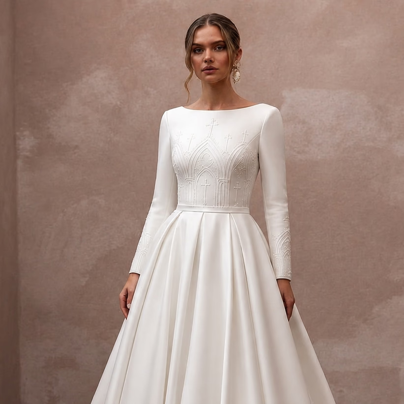Classic Diamond White Mikado Long Sleeve Ball Gown for Church - Apparel & Accessories > Clothing > Wedding & Bridal Party Dresses > Wedding Dresses - Mignonette Bridal