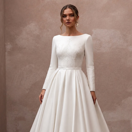 Classic Diamond White Mikado Long Sleeve Ball Gown for Church - Apparel & Accessories > Clothing > Wedding & Bridal Party Dresses > Wedding Dresses - Mignonette Bridal
