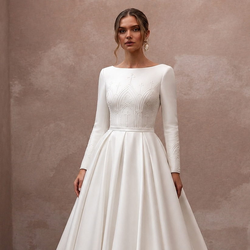 Classic Diamond White Mikado Long Sleeve Ball Gown for Church