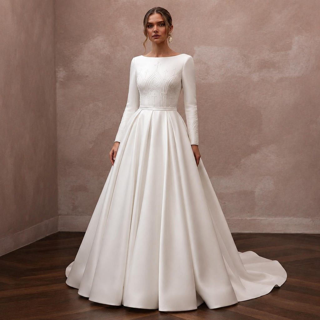 Classic Diamond White Mikado Long Sleeve Ball Gown for Church