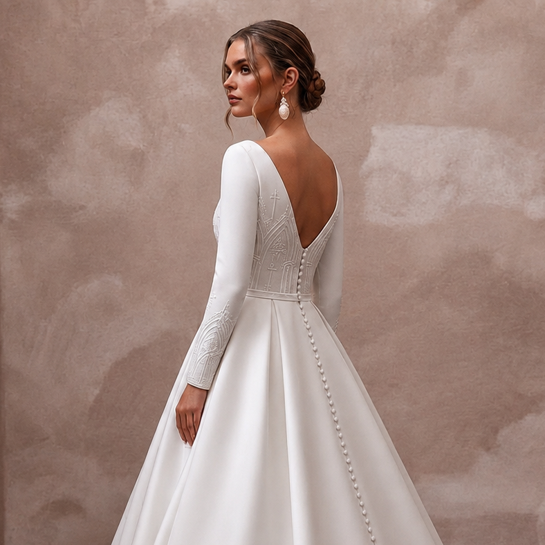 Classic Diamond White Mikado Long Sleeve Ball Gown for Church