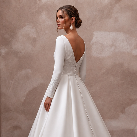 Classic Diamond White Mikado Long Sleeve Ball Gown for Church