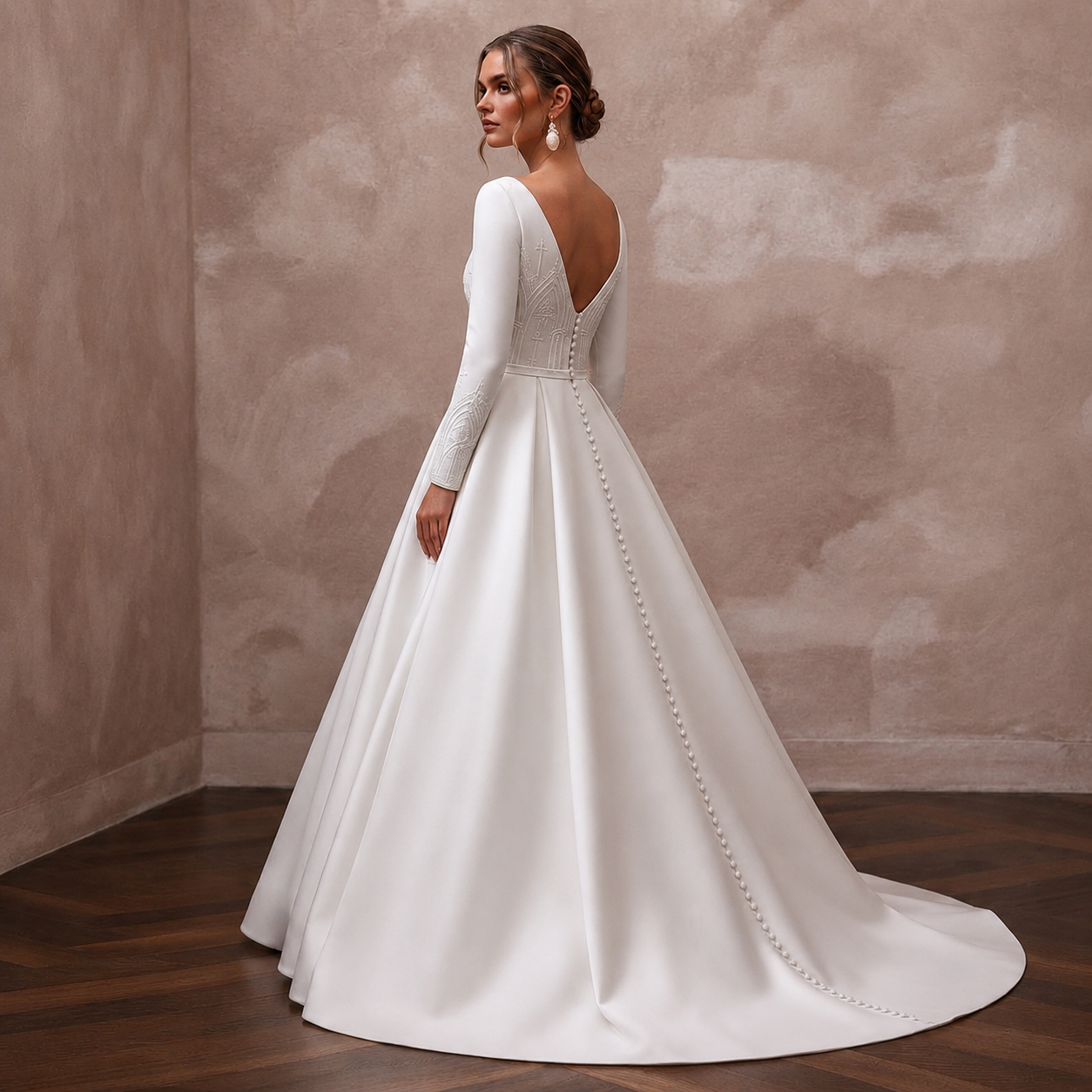 Classic Diamond White Mikado Long Sleeve Ball Gown for Church