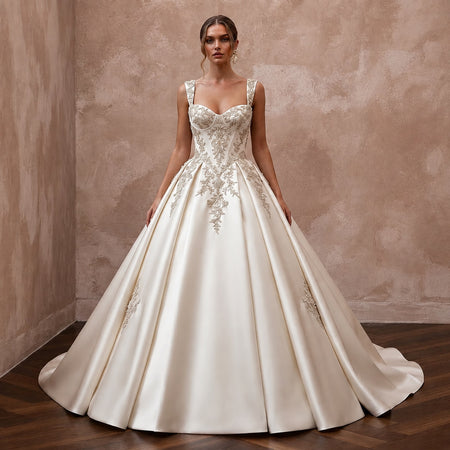 Classic Embroidered Satin Wedding Dress with Ball Gown Silhouette