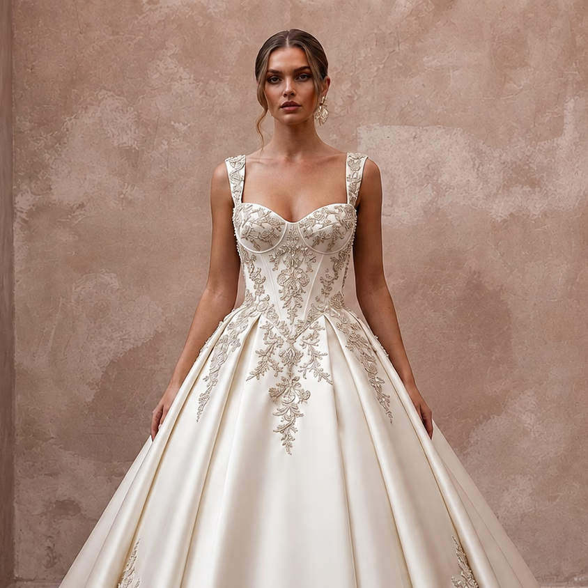 Classic Embroidered Satin Wedding Dress with Ball Gown Silhouette