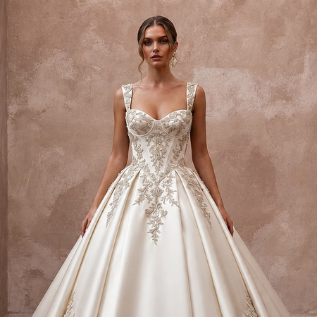 Classic Embroidered Satin Wedding Dress with Ball Gown Silhouette
