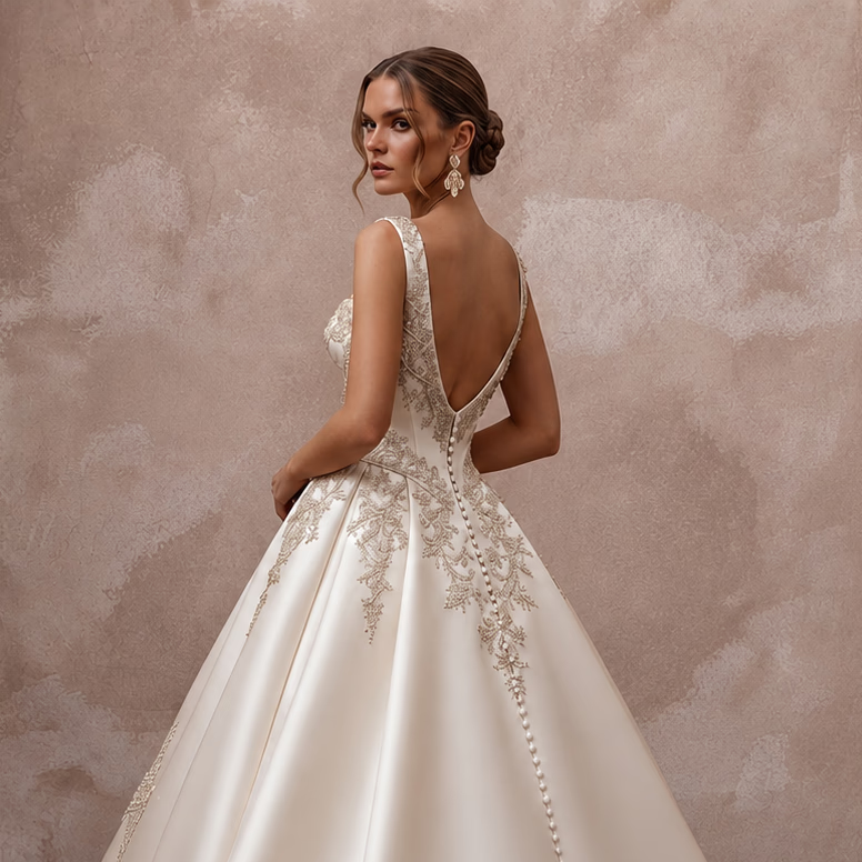 Classic Embroidered Satin Wedding Dress with Ball Gown Silhouette