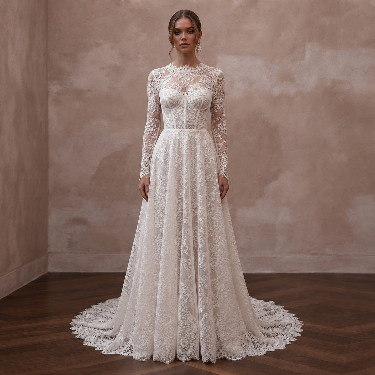 Classic Lace A - Line Wedding Dress with Long Sleeves - Apparel & Accessories > Clothing > Wedding & Bridal Party Dresses > Wedding Dresses - Mignonette Bridal