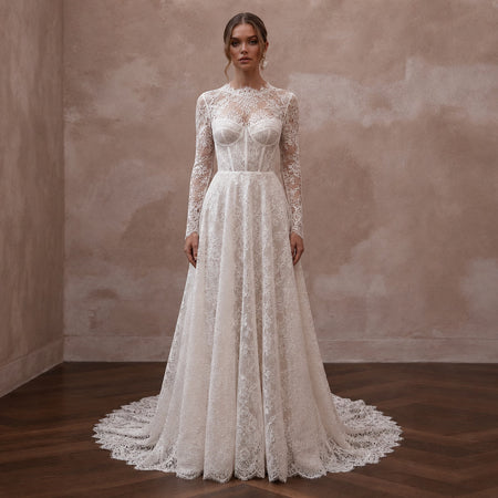 Classic Lace A - Line Wedding Dress with Long Sleeves - Apparel & Accessories > Clothing > Wedding & Bridal Party Dresses > Wedding Dresses - Mignonette Bridal