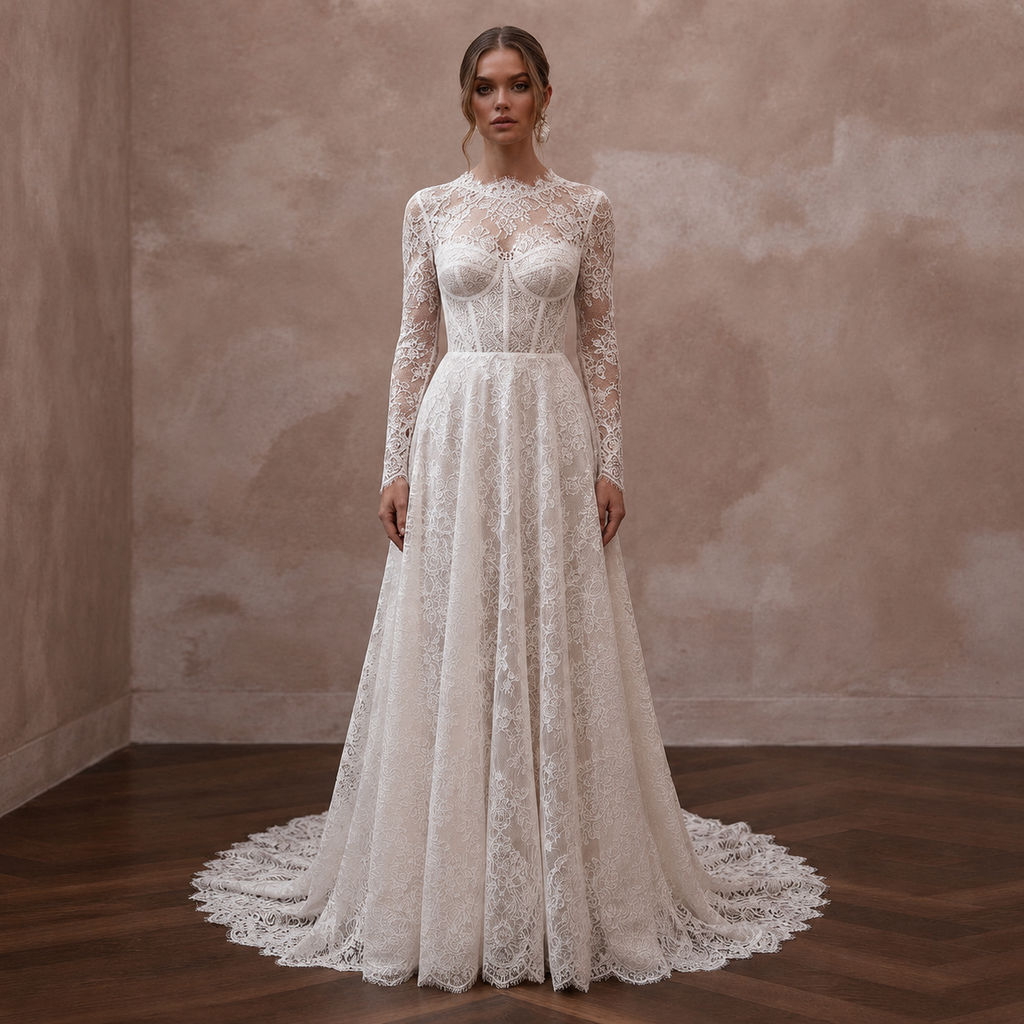 Classic Lace A-Line Wedding Dress with Long Sleeves