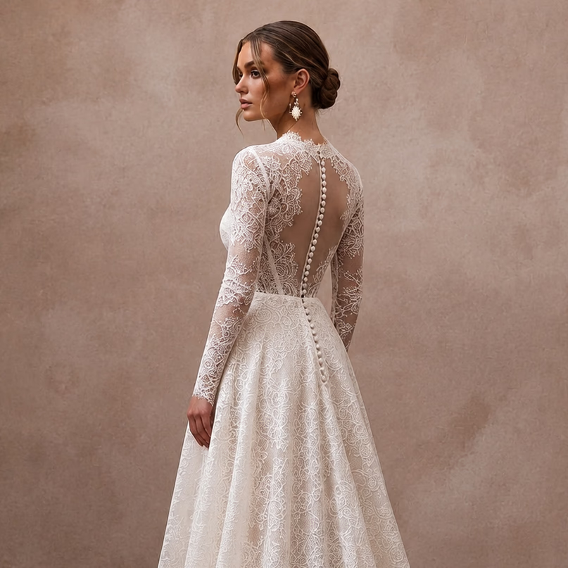 Classic Lace A - Line Wedding Dress with Long Sleeves - Apparel & Accessories > Clothing > Wedding & Bridal Party Dresses > Wedding Dresses - Mignonette Bridal