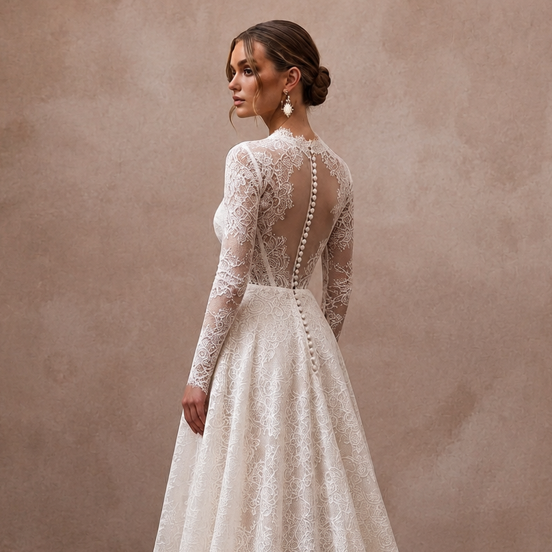 Classic Lace A-Line Wedding Dress with Long Sleeves