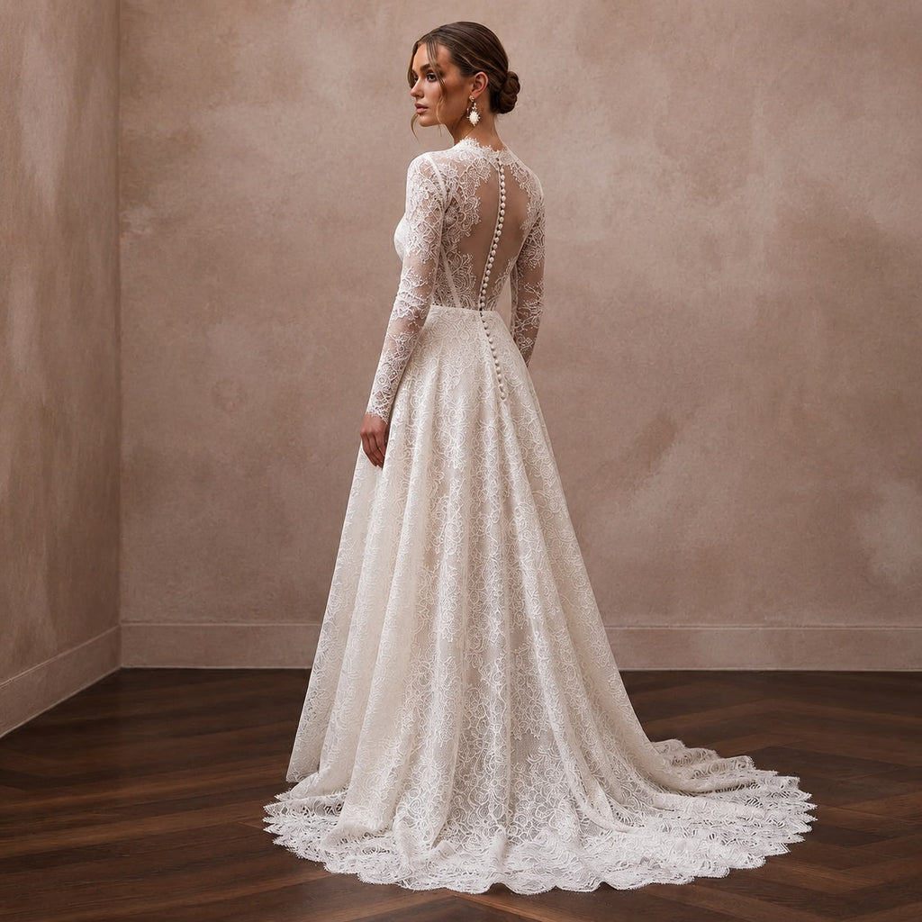 Classic Lace A - Line Wedding Dress with Long Sleeves - Apparel & Accessories > Clothing > Wedding & Bridal Party Dresses > Wedding Dresses - Mignonette Bridal