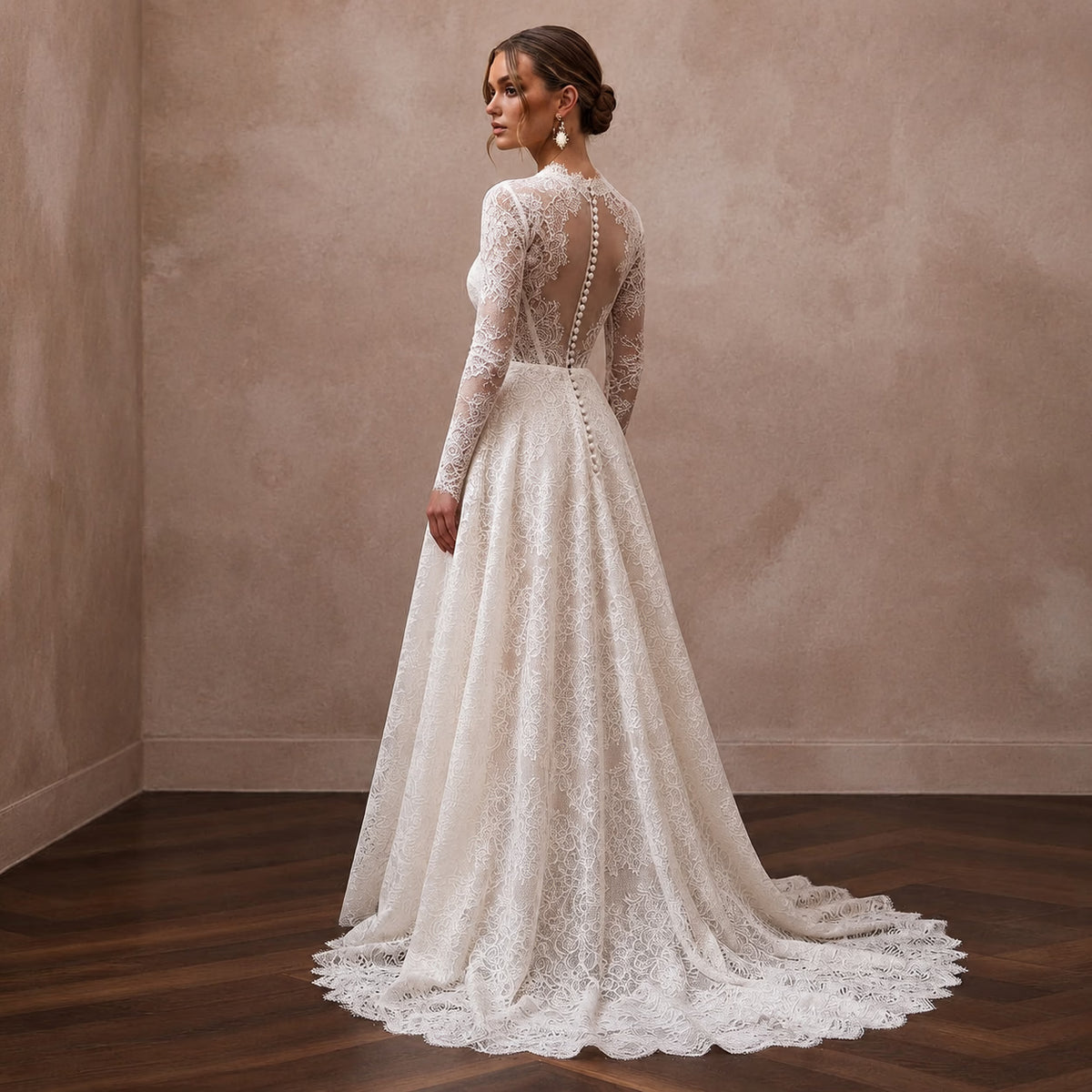 Classic Lace A - Line Wedding Dress with Long Sleeves - Apparel & Accessories > Clothing > Wedding & Bridal Party Dresses > Wedding Dresses - Mignonette Bridal