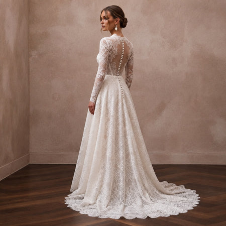 Classic Lace A - Line Wedding Dress with Long Sleeves - Apparel & Accessories > Clothing > Wedding & Bridal Party Dresses > Wedding Dresses - Mignonette Bridal