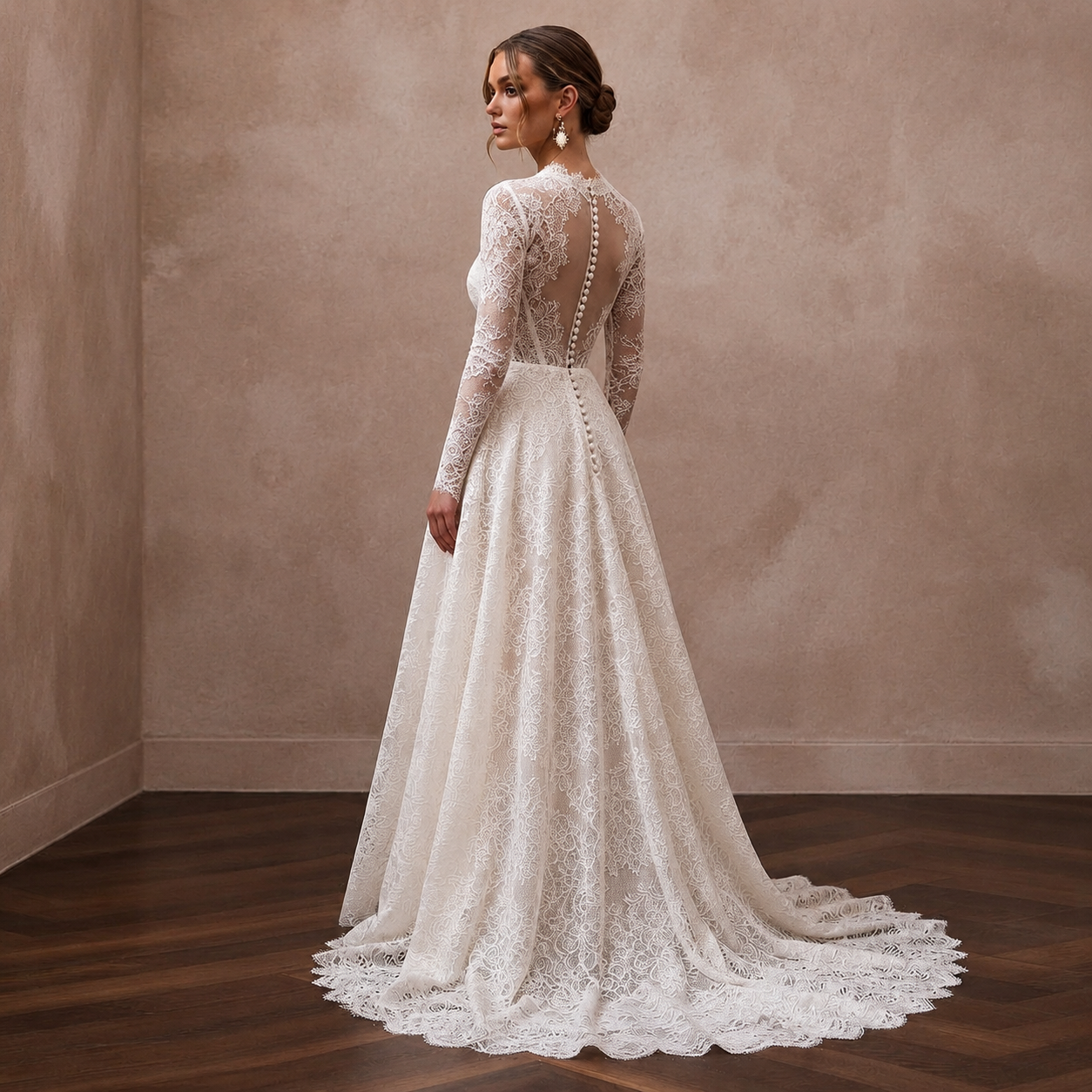 Classic Lace A-Line Wedding Dress with Long Sleeves