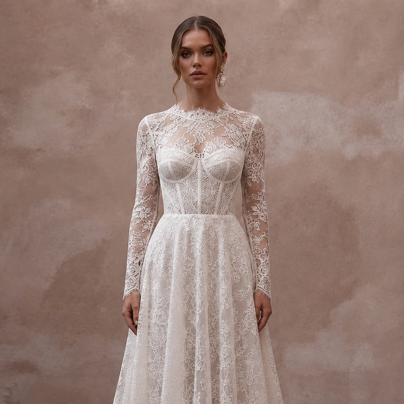 Classic Lace A - Line Wedding Dress with Long Sleeves - Apparel & Accessories > Clothing > Wedding & Bridal Party Dresses > Wedding Dresses - Mignonette Bridal