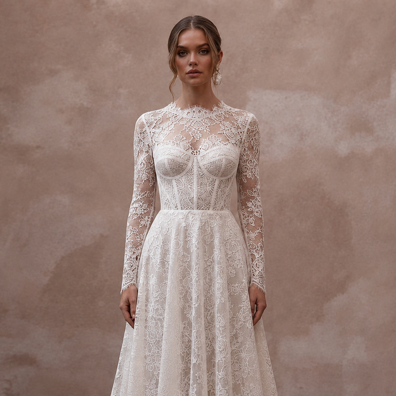 Classic Lace A-Line Wedding Dress with Long Sleeves