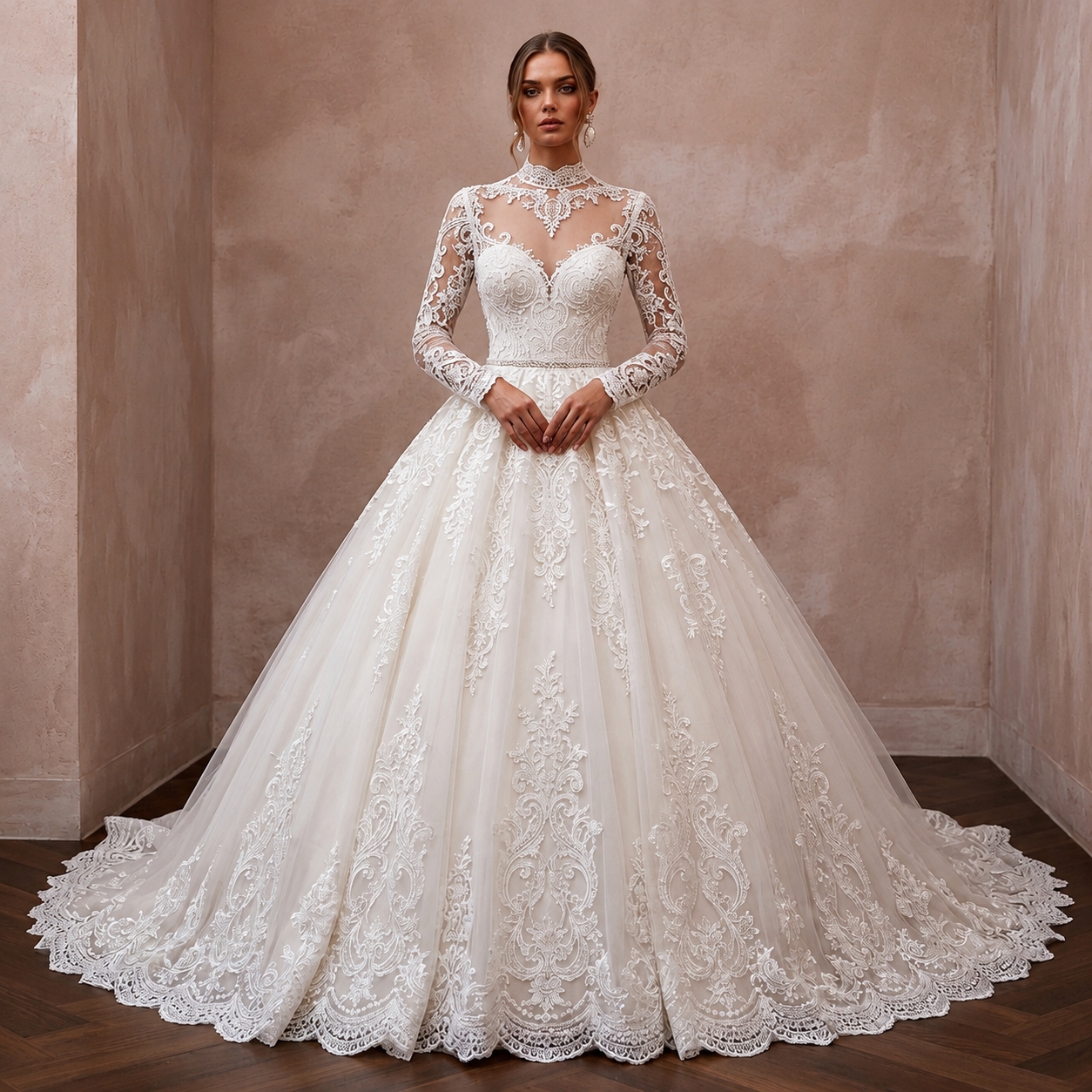 Classic Lace Ball Gown Bridal Gown with Long Sleeves