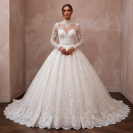 Classic Lace Ball Gown Bridal Gown with Long Sleeves