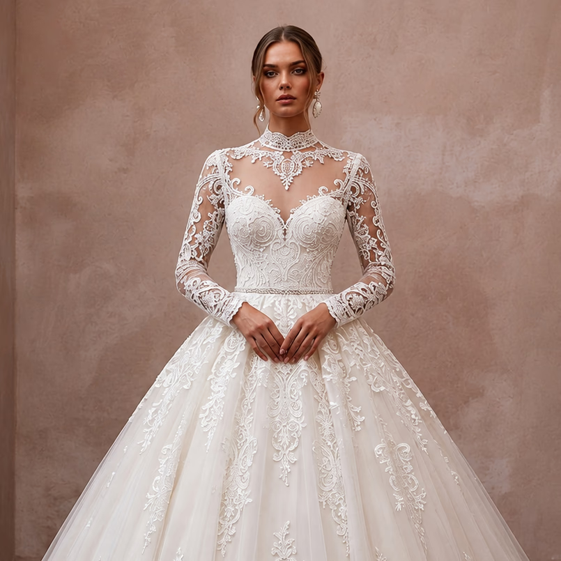 Classic Lace Ball Gown Bridal Gown with Long Sleeves - Apparel & Accessories > Clothing > Wedding & Bridal Party Dresses > Wedding Dresses - Mignonette Bridal