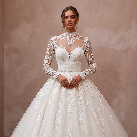 Classic Lace Ball Gown Bridal Gown with Long Sleeves - Apparel & Accessories > Clothing > Wedding & Bridal Party Dresses > Wedding Dresses - Mignonette Bridal