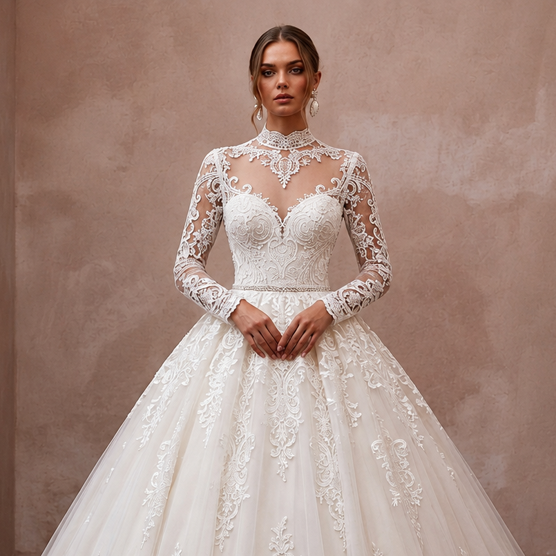 Classic Lace Ball Gown Bridal Gown with Long Sleeves