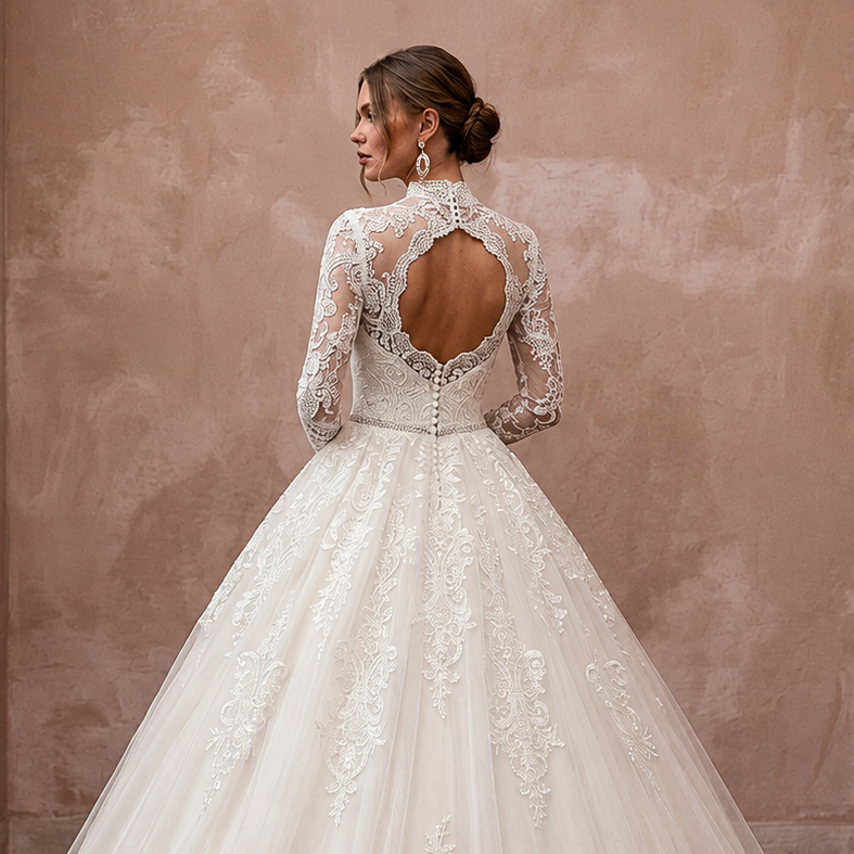 Classic Lace Ball Gown Bridal Gown with Long Sleeves