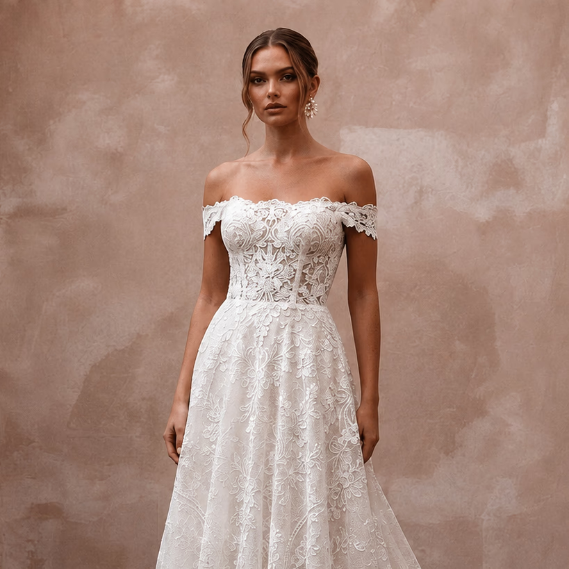 Classic Lace Bridal Dress with Chapel Train for a Vineyard Wedding