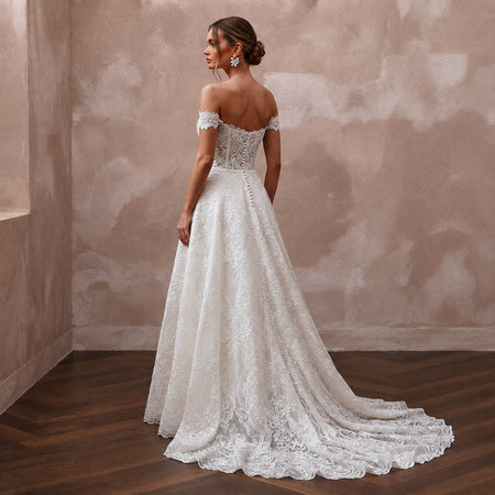 Classic Lace Bridal Dress with Chapel Train for a Vineyard Wedding