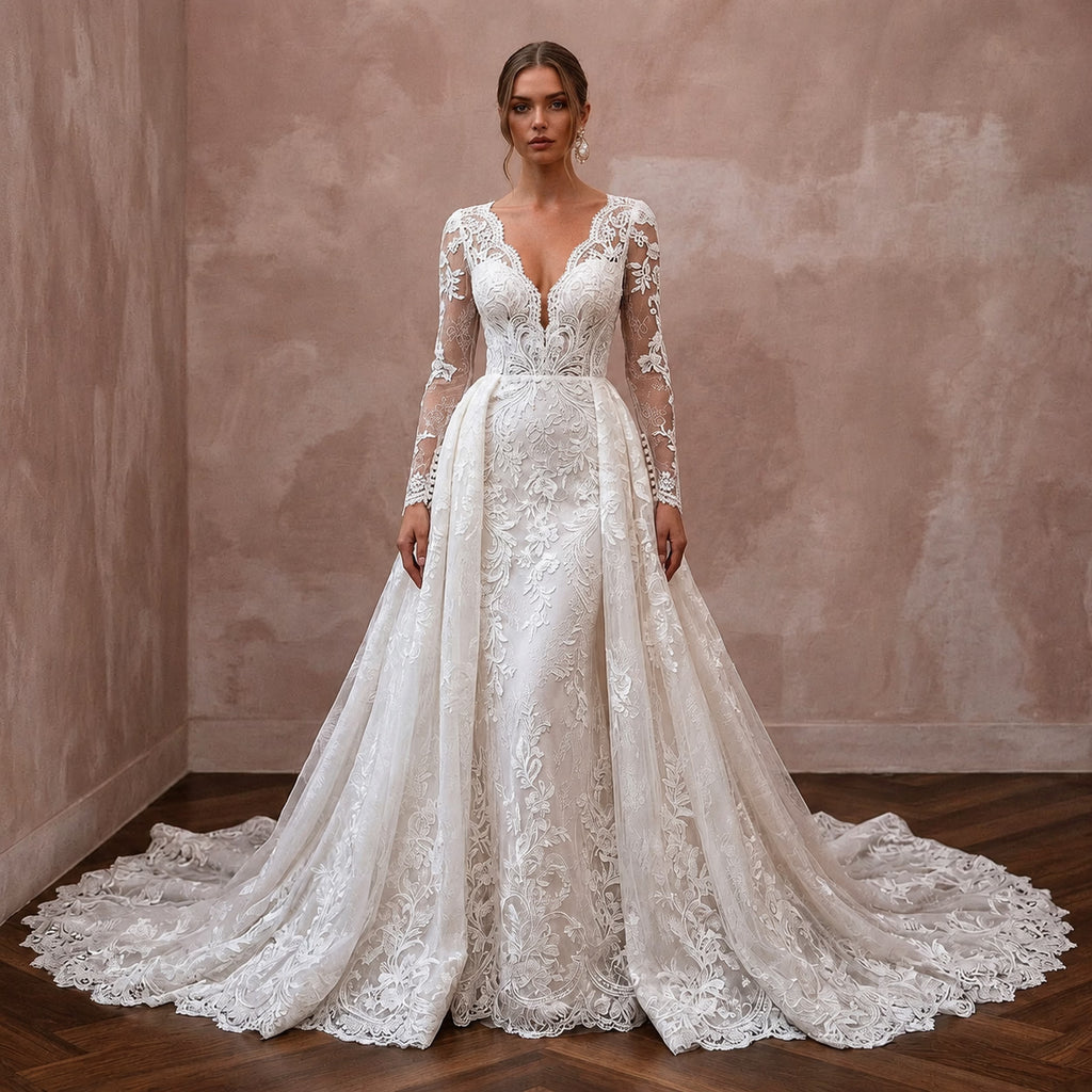 Classic Lace Bridal Gown with Detachable Train and Long Sleeves