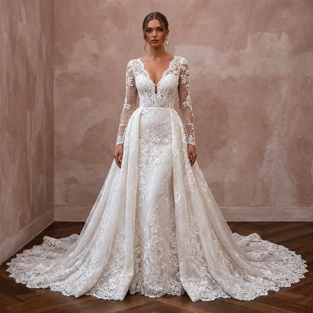 Classic Lace Bridal Gown with Detachable Train and Long Sleeves