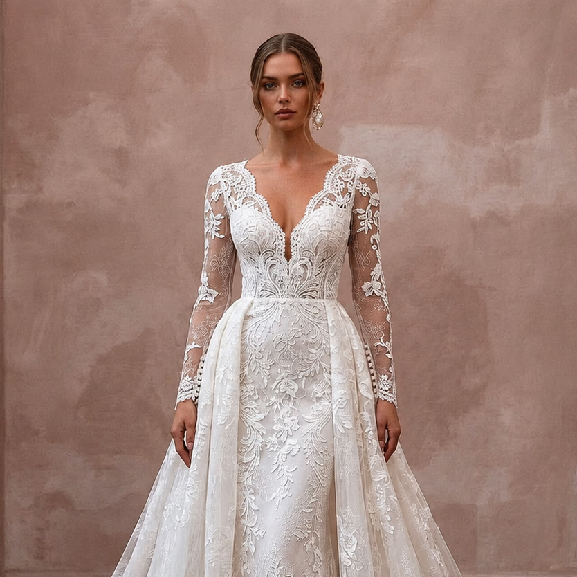 Classic Lace Bridal Gown with Detachable Train and Long Sleeves