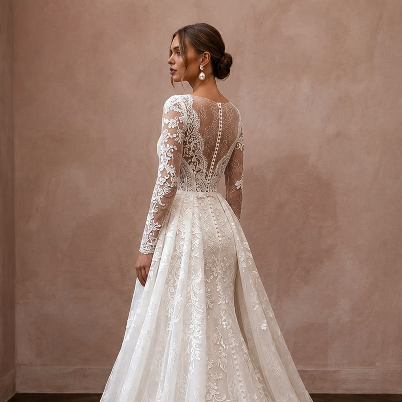 Classic Lace Bridal Gown with Detachable Train and Long Sleeves