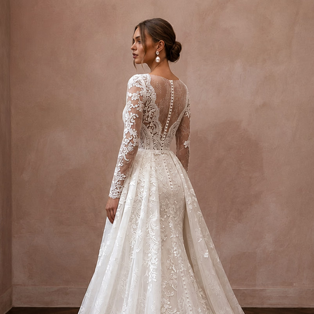 Classic Lace Bridal Gown with Detachable Train and Long Sleeves