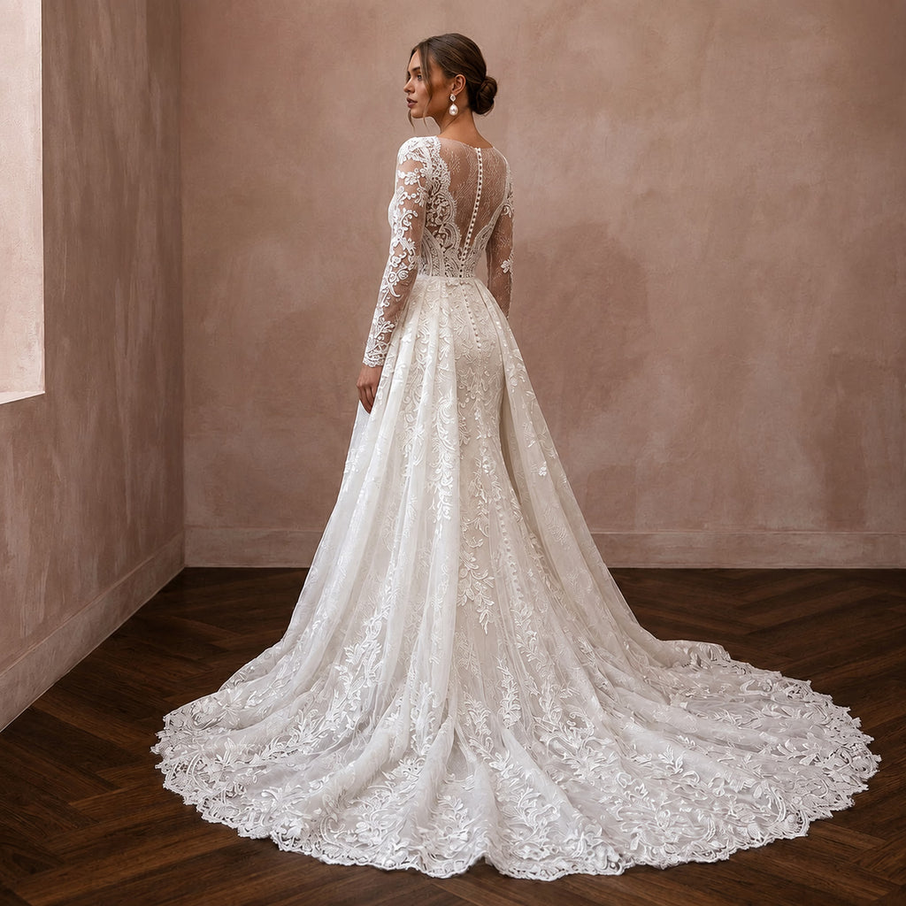 Classic Lace Bridal Gown with Detachable Train and Long Sleeves