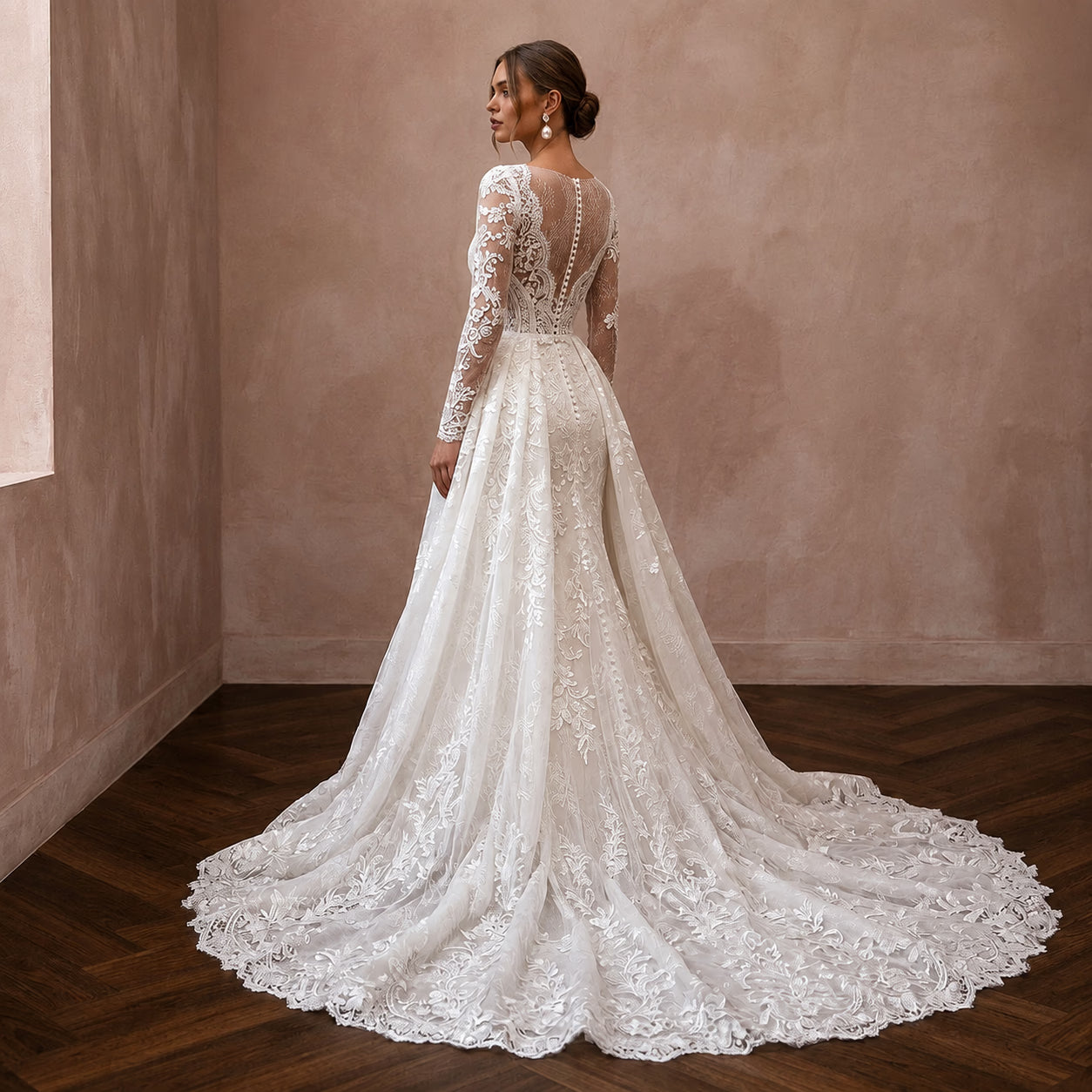Classic Lace Bridal Gown with Detachable Train and Long Sleeves