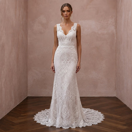 Classic Lace Column Wedding Dress with V - Neck - Apparel & Accessories > Clothing > Wedding & Bridal Party Dresses > Wedding Dresses - Mignonette Bridal