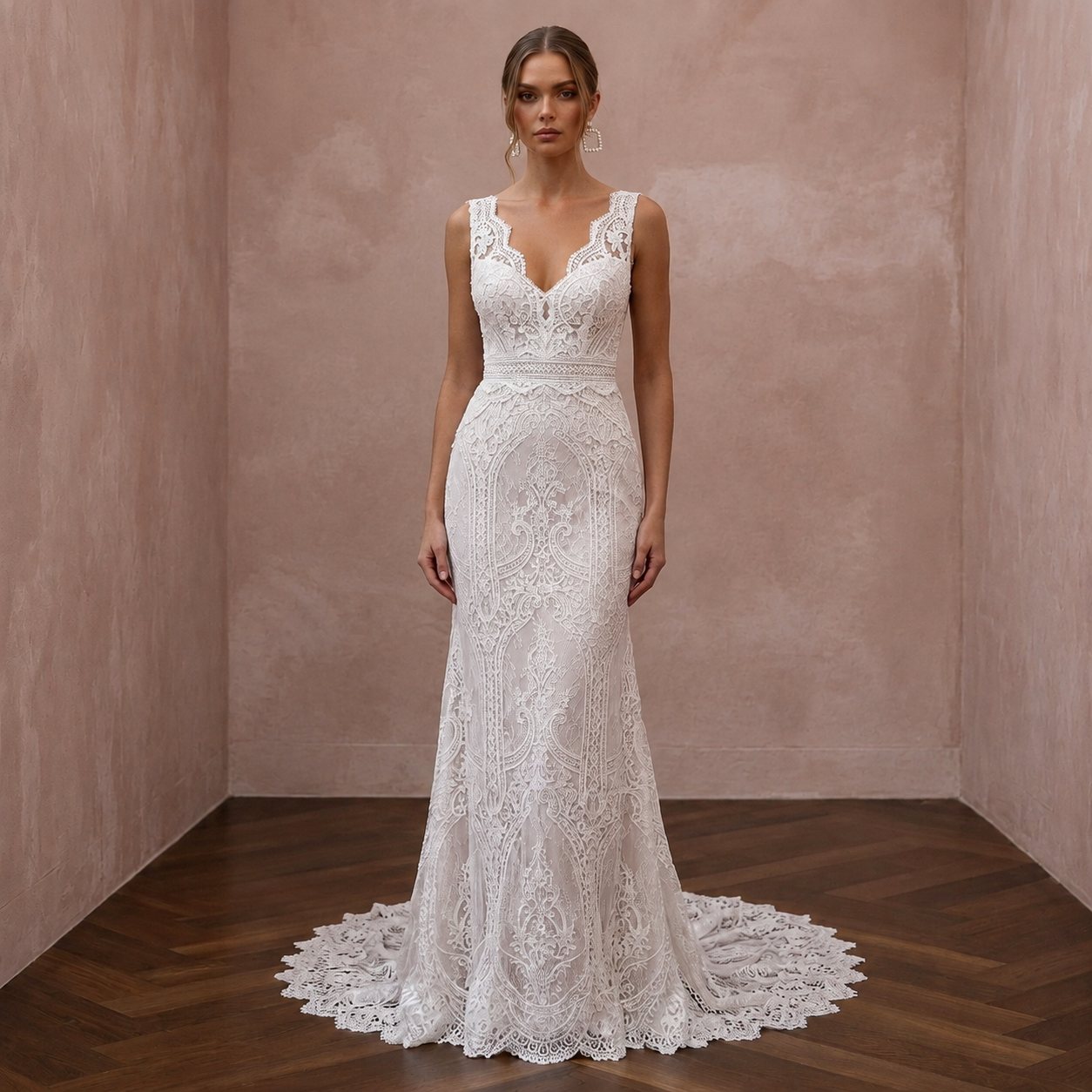 Classic Lace Column Wedding Dress with V - Neck - Apparel & Accessories > Clothing > Wedding & Bridal Party Dresses > Wedding Dresses - Mignonette Bridal