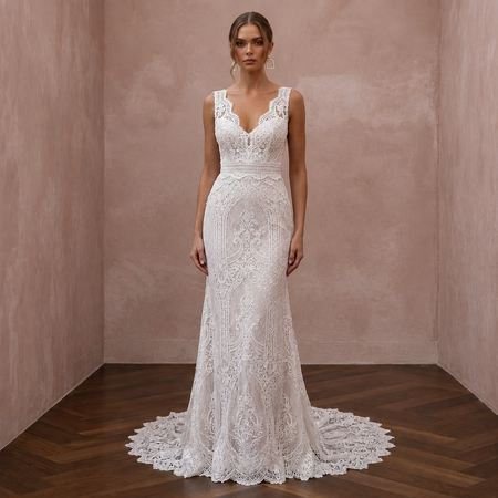 Classic Lace Column Wedding Dress with V - Neck - Apparel & Accessories > Clothing > Wedding & Bridal Party Dresses > Wedding Dresses - Mignonette Bridal